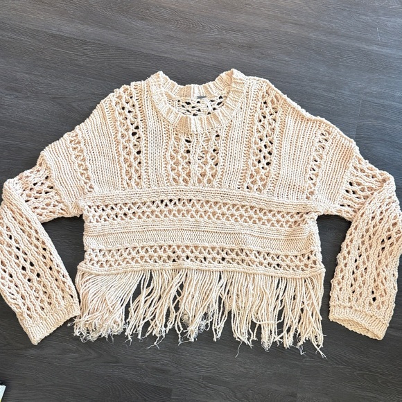 Free People higher love medium Open-Knit Fringe Crochet Sweater in Cream - Picture 2 of 7
